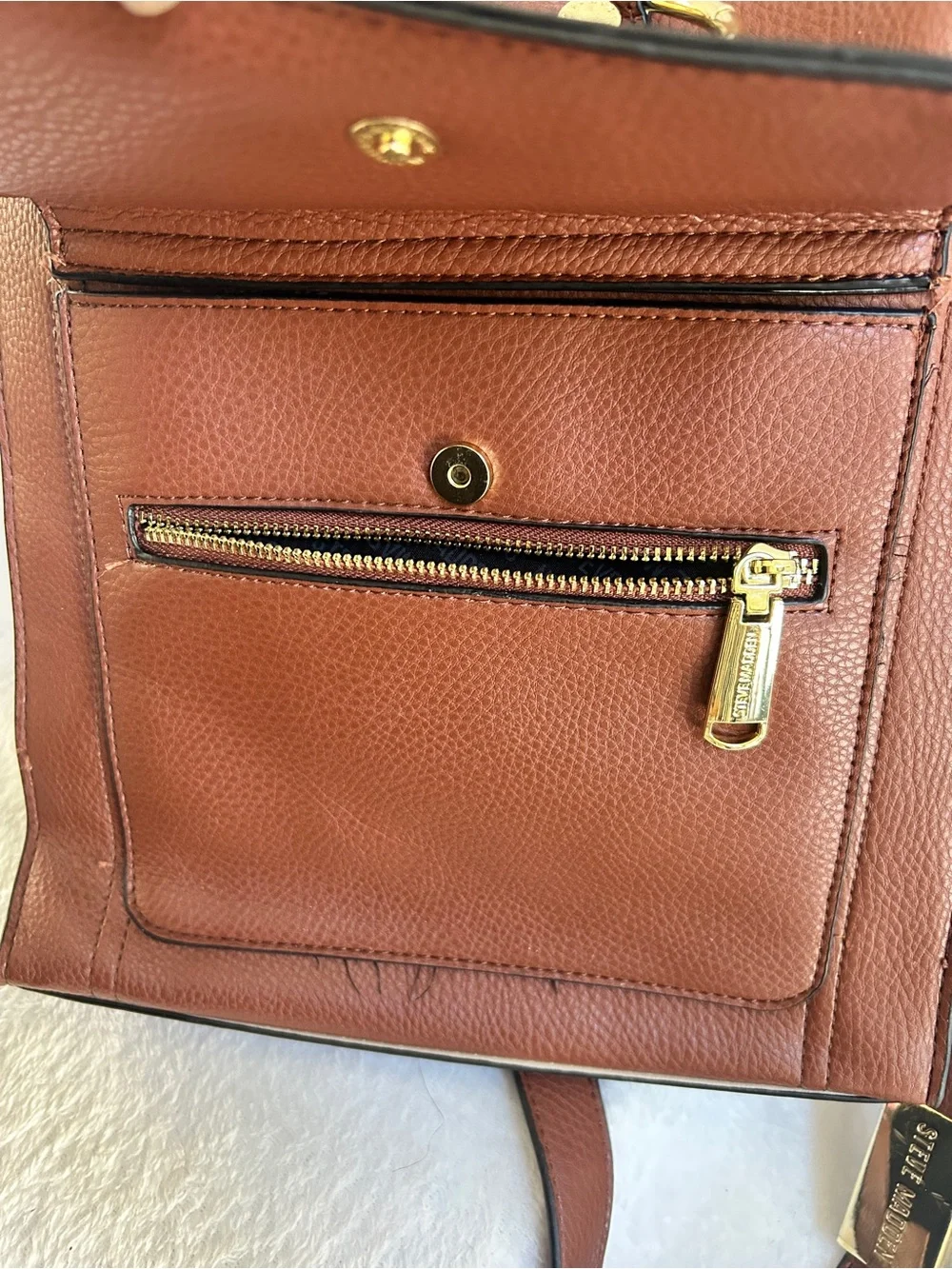 Steve Madden Cognac Brown Leather Shoulder Bag with Gold Rings